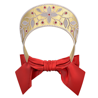 Russian national headdress kokoshnik. Isolated decoration from a frontal angle. Materials: gold brocade, pearls and red cabochon. 3d rendering.
