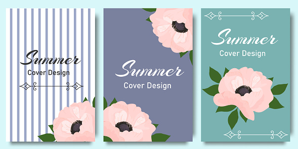 Set of floral cover design with peony. Spring floral design illustration for wedding and vip cover template, banner, invite. Luxury wedding invitation card background