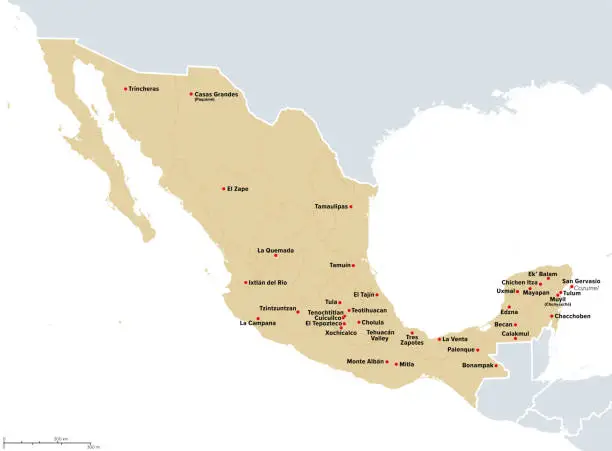 Vector illustration of Mexico, most important archeological sites, political map