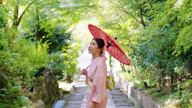 Japanese traditional kimono dress walking in forest