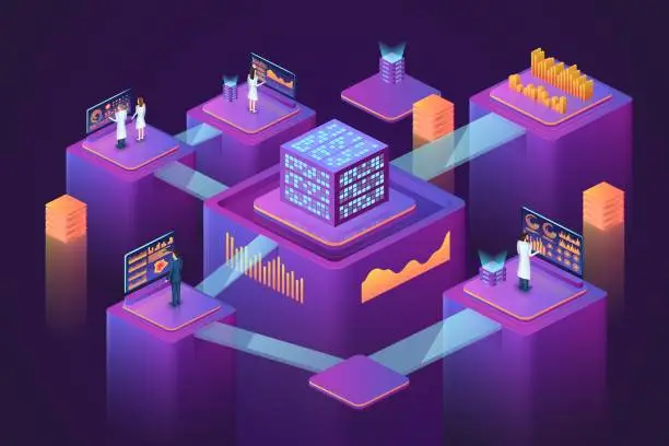 Vector illustration of Isometric data. 3D database digital technology. Infographic dashboard. Marketing chart or calendar for people analysis. Statistic graphs. Searching information. Vector purple background