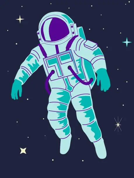 Vector illustration of Astronaut in space. cute character in spacesuit flying, man in space suit and helmet, cosmonaut adventures poster or banner. Cartoon flat isolated illustration. Abstract vector background