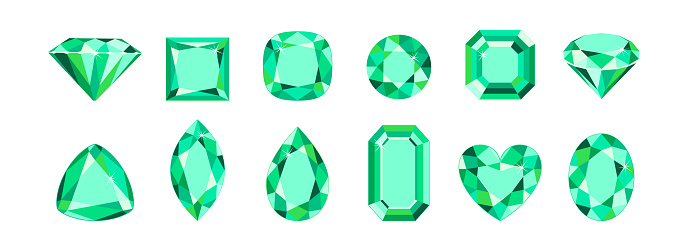 Green gemstones of different shapes isolated on white background. Emerald crystals set. Vector cartoon flat illustration.