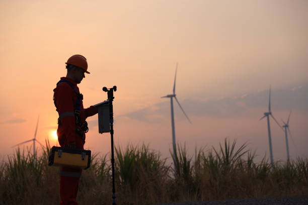 istock Green energy system engineer check wind sensor in wind turbine farm, sustainable energy 1957586799
