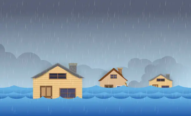 Vector illustration of Flood natural disaster with house, heavy rain and storm , damage with home, clouds and rain, flooding water in city.