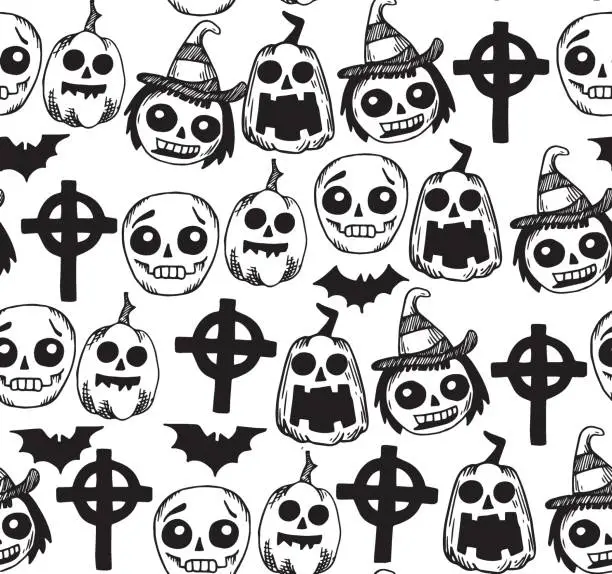 Vector illustration of seamless pattern for Halloween in vintage style, sketch. cute scary witches, zombies and pumpkins, engraving