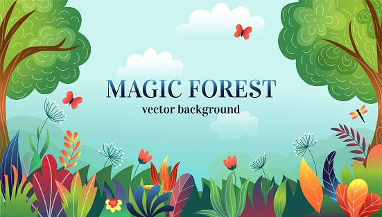 Magic forest. Wild nature. Enchanted garden. Flying butterfly. Magical plant woods. Tree foliage. Meadow herbs or flowers. Fairytale environment. Summer landscape. Fantasy scenery. Vector background