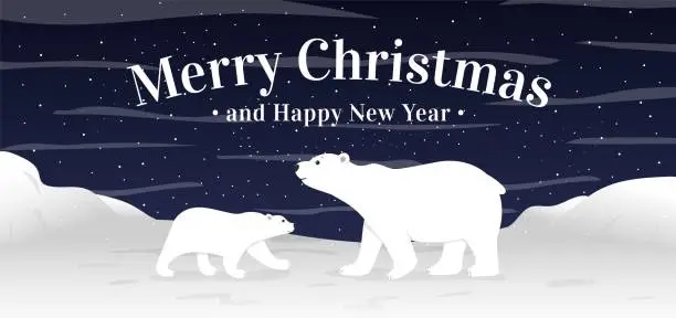 Vector illustration of Polar white bear. Merry Christmas card. New Year celebration. Winter holiday. Wild animal family. Cold Arctic landscape. Mother and cub. Northern snowy nature. Vector festive banner design