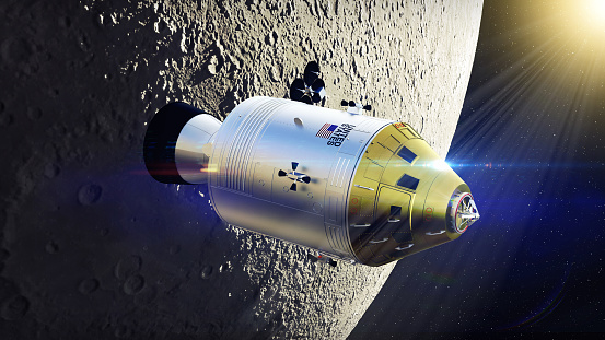 Nasa Apollo command and service module spacecraft orbiting the moon, 3d render.