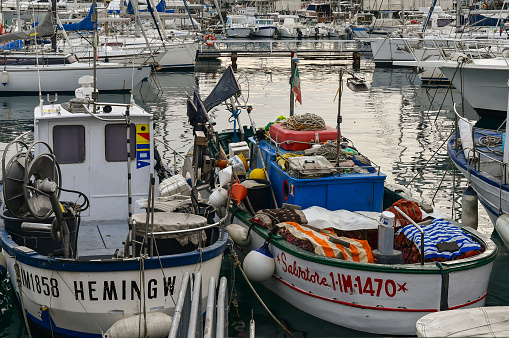 Slipway and harbour in part of Lorient harbour, Morbihan, Brittany, northern France. The Lorient harbour of Brittany, northwest France is part of the Morbihan department, named after the shallow enclosed sea that is the principal coastline feature that features many hamlets, villages and idyllic islands