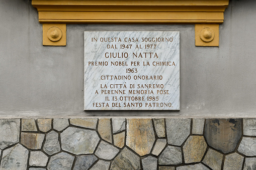 Sanremo, Imperia, Liguria, Italy - 01 01 2024: Giulio Natta won a Nobel Prize in Chemistry in 1963 with Karl Ziegler for work on high polymers. He also received a Lomonosov Gold Medal in 1969.