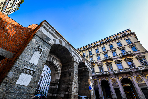 Low Angle View Of Arches of Ancient Porta Nuova In Milan, Italy