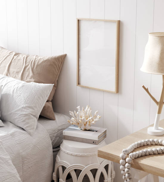istock Mock up frame in cozy home interior background, coastal style bedroom 1957620338