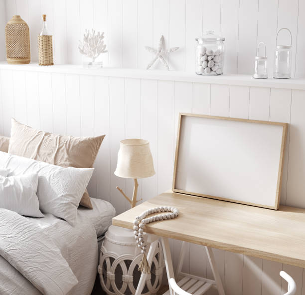 istock Mock up frame in cozy home interior background, coastal style bedroom 1957620341