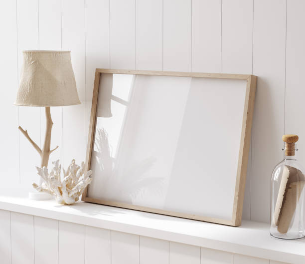 istock Mock up frame in cozy home interior background, coastal style bedroom 1957620851