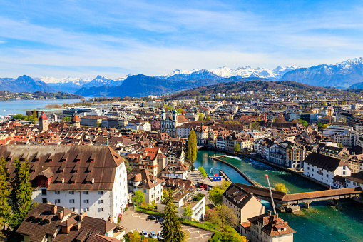 View of the Reuss river and old town of Lucerne (Luzern) city, Switzerland. View from above