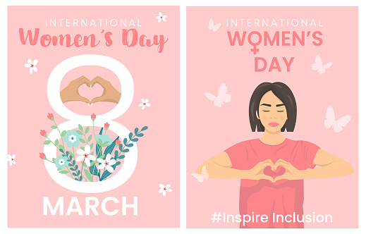 Set of International Women's Day posters, greeting cards, banners in flat style. Woman with heart-shaped hands. #InspireInclusion 2024 campaign. Vector backgrounds of the women's history month.