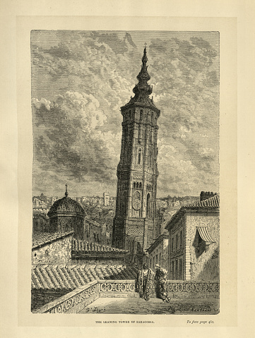 Vintage illustration Leaning Tower of Zaragoza, Spain., 19th Century illustrated by Gustave Dore