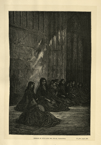 Vintage illustration Women praying in CHurch of Our Lady Del Pilar, Zaragoza, Spain., 19th Century illustrated by Gustave Dore
