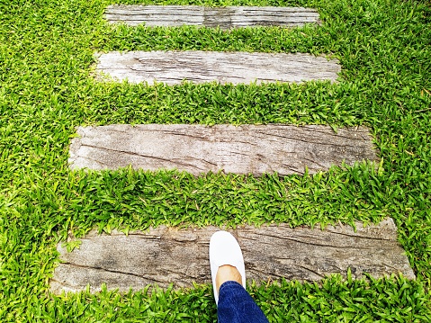 In the picture, there is a walkway with wood placed at a distance sufficient for walking on the floor. There is green grass planted all over the area, and there is a right foot walking on the sidewa