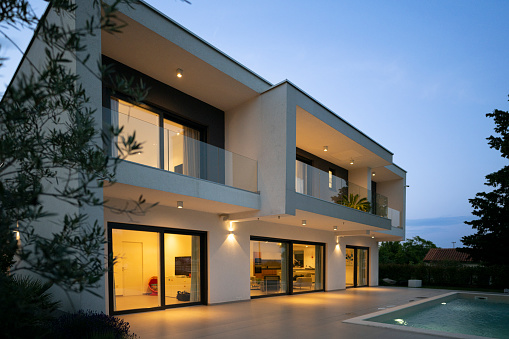 Exterior of a modern house, night scene