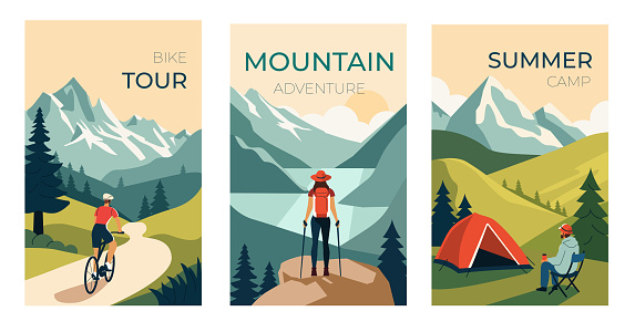 Mountain adventure, travel, tour set. Retro style posters with cyclist riding bike, hiker and tourist near camping tent. Outdoor activity concept. Vector illustration.