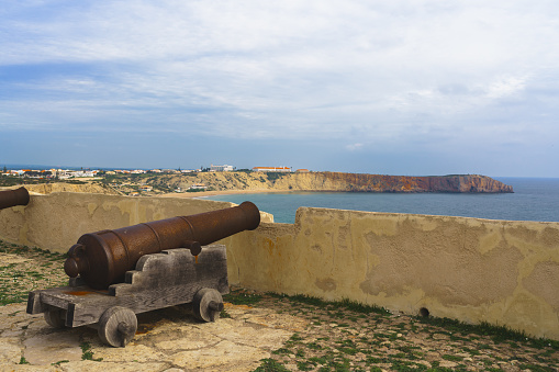 Cannons at Sagres fort in Portugal. Sagres Fortress (Fortaleza de Sagres), Algarve region