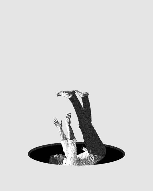 Man falling down into black hole symbolizing lost with reality. Uncertainty and unstable position. Conceptual modern design.