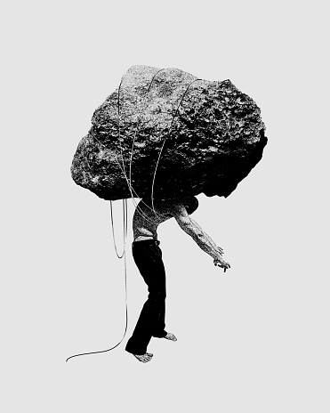 Man with giant heavy stone connected to him with rinks. Expectations, social pressure, negative thoughts. Conceptual modern design. Concept of mental health, depression and sadness, therapy, emotions