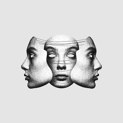 Focusing on identity and self-perception. Conceptual modern design. Three faces like masks symbolizing diversity of personality. Concept of mental health, depression and sadness, therapy, emotions