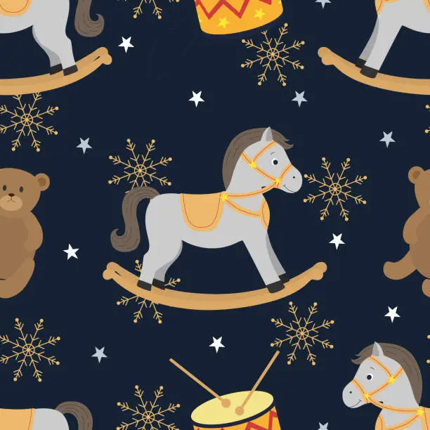 Vector illustration of Seamless pattern with vintage rocking horse, drum and teddy bear in cartoon style. Vintage toys pattern for nursery
