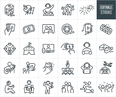 A set of entertainment icons that include editable strokes or outlines using the EPS vector file. The icons include gambling, slot machine, playing cards, fair, amusement park, rollercoaster, ferris wheel, disc jockey, people dancing to music, fireworks, admission ticket, movie theater, movies, streaming video on smartphone, television, person streaming media on phone, video games, concert, singer singing and playing guitar at concert, hands clapping, stand up comedy, person watching media on laptop, person flying drone, person bowling, person in seat at home watching entertainment on tablet PC, person sitting and using smartphone for entertainment, person listening to music on device and dancing, family of four and two people celebrating at a sporting event.