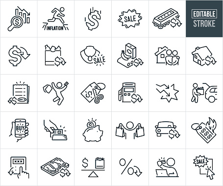 A set of icons showing affordability and price reduction concepts. The icons include editable strokes or outlines using the EPS vector file. The icons include a magnifying glass focusing in on a chart showing a price reduction over time, customer jumping over the word 