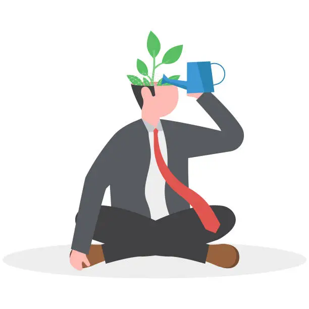 Vector illustration of growth mindset mindset. business man watering plant on his head with watering can.Thinking positive symbolizes a happy idea flat vector illustration