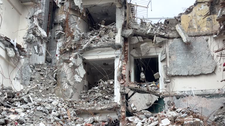 Destroyed buildings in the street of the city