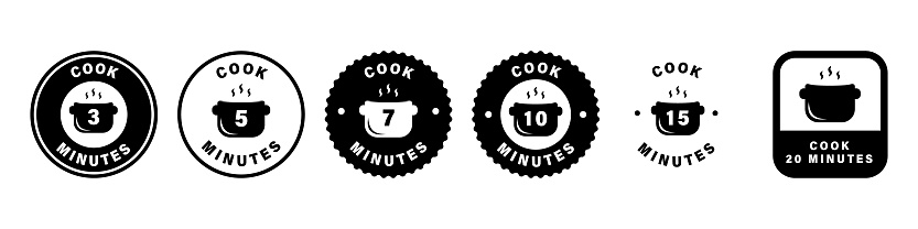 Cooking minutes. Vector labels with food preparation time.
