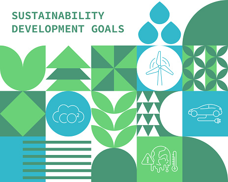 Sustainability and Environmental themed, in Bauhaus style, a vector composition consisting of abstract geometric shapes. This design can be used in web banners, websites, presentations, and sustainability reports.