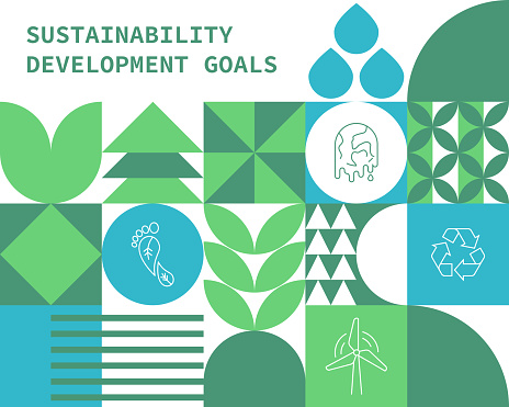 Sustainability and Environmental themed, in Bauhaus style, a vector composition consisting of abstract geometric shapes. This design can be used in web banners, websites, presentations, and sustainability reports.