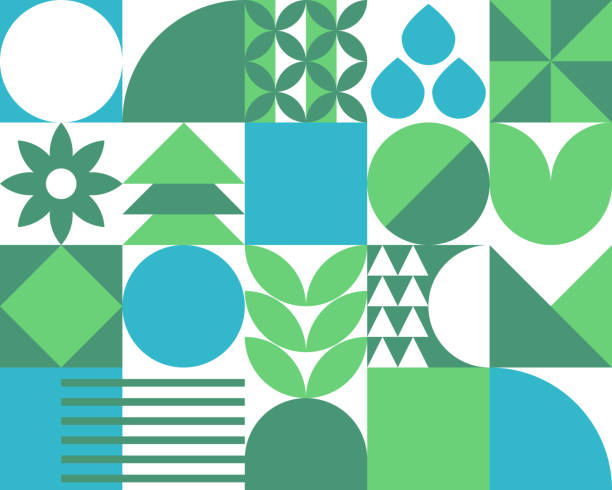 Sustainability and Environmental themed, in Bauhaus style, a vector composition consisting of abstract geometric shapes. This design can be used in web banners, websites, presentations, and sustainability reports.