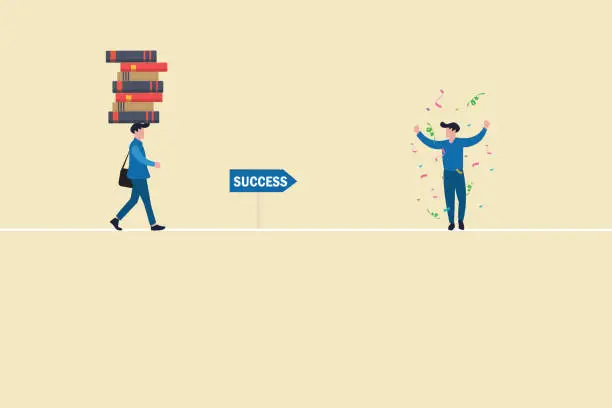 Vector illustration of Businessman walking with books on head. concept of success, education level and skill development