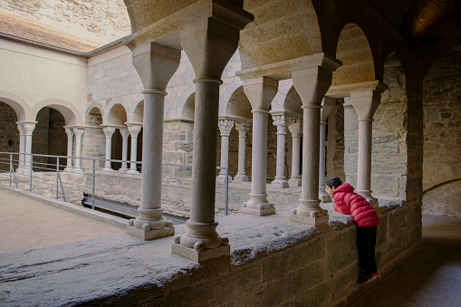 Pere de Roda, Girona, Spain; December 28, 2023; Tourists visiting the monastery