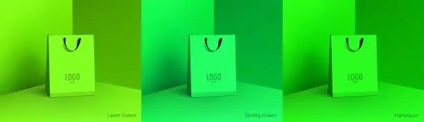 Vector illustration of Shopping paper bag. Mockup set of realistic shopping bag for branding and corporate identity design. Paper packaging template. For promotion, discount, sale concept. 3D vector isolated illustration.