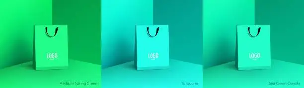 Vector illustration of Shopping paper bag. Mockup set of realistic shopping bag for branding and corporate identity design. Paper packaging template. For promotion, discount, sale concept. 3D vector isolated illustration.