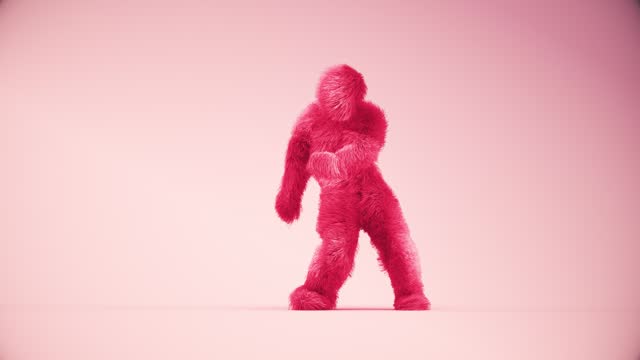 3d Hairy Monster Movie Character Green Feathered HipHop Dance style on Pink background 4K Apple Prores