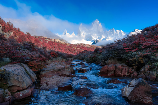 Panoramic view of the Cerro Torre and the Fitz Roy, , Argentina.
