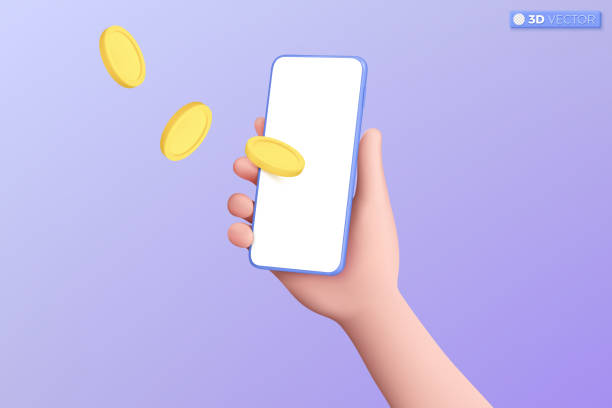 istock 3d hand hold smartphone and floating gold coins icon symbol. display presentation, Cash, saving money, business, finance, mockup concept. 3D vector isolated illustration. Cartoon pastel Minimal style. 1957736727