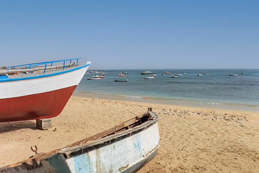 Colorful fishing boats on Sal Rei beach. Boa Vista, Cape Verde