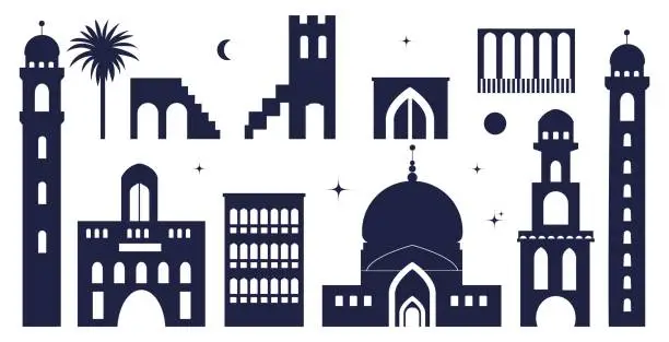 Vector illustration of Oriental city buildings silhouettes set