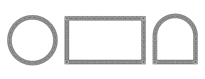 Greek monochrome ornament frames in various shapes. Classic reek motif border frames set. 3 black ornamental in ethnic style borders. Circle, rectangle, arc.