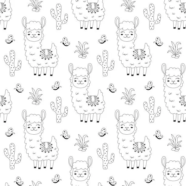Vector illustration of outline llama and cactus seamless pattern